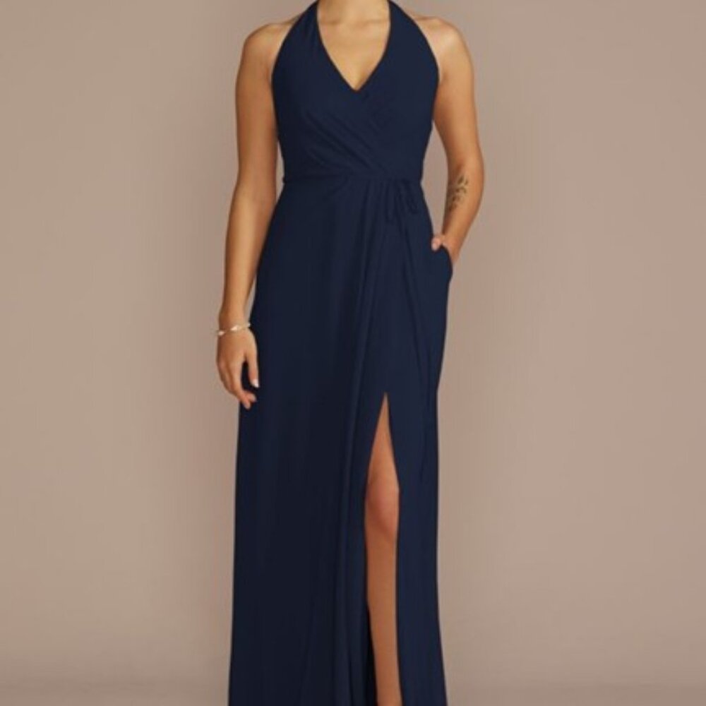 David's Bridal Celebrate DB Studio  Chiffon Halter Faux Wrap A-Line Dress NWT